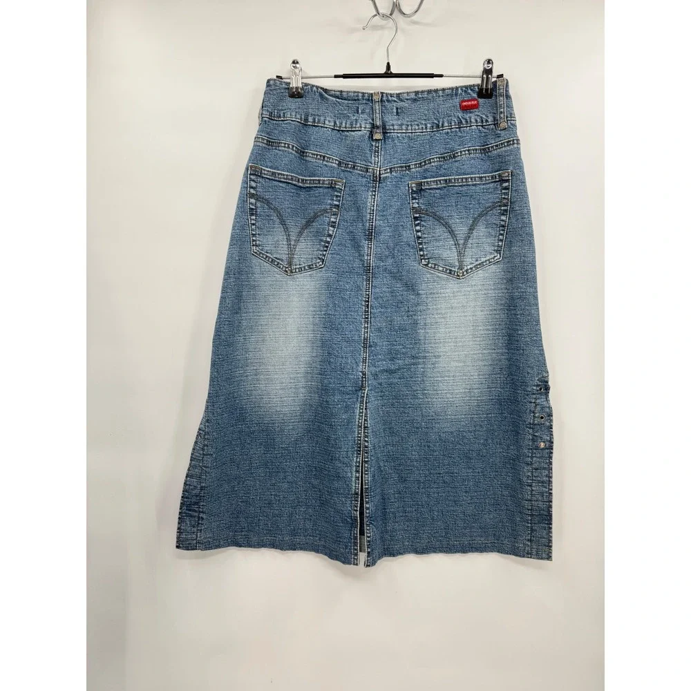 London Blue Vigoss 11/12 Denim Midi Skirt W  Blue‎ Grommet Slit Distressed Y2K